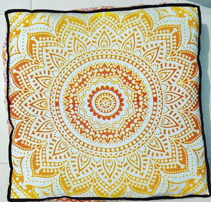INDIAN CRAFT CASTLE 24" Yellow Ombre Mandala Barmeri Large Floor Pillow Cover Cushion Meditation Seating Ottoman Throw Cover Hippie Decorative Zipped Bohemian Pouf Ottoman Pom Pom Cases 24" Square