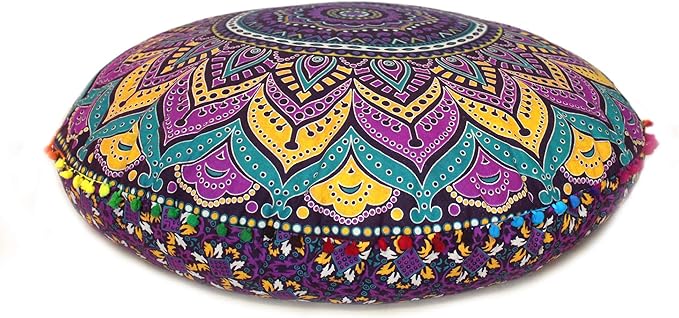 CRAFT KALA Mandala Floor Pillow Cushion Cover Seating Throw Cover Hippie Decorative Bohemian Ottoman Poufs Pom Pom Pillow Cases Boho Indian Cotton Living Room Yoga Home Décor 24" Round, New Pink Ombre