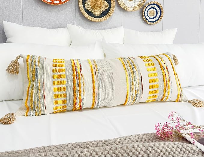 Chenille and Cotton Long Pillow for Bed, Striped Textured Boho Lumbar Throw Pillow Cover 12x36, Neutral Accent Decorative Extra Long Body Pillow Case for Couch, Sofa, Bedroom, Yellow-Grey