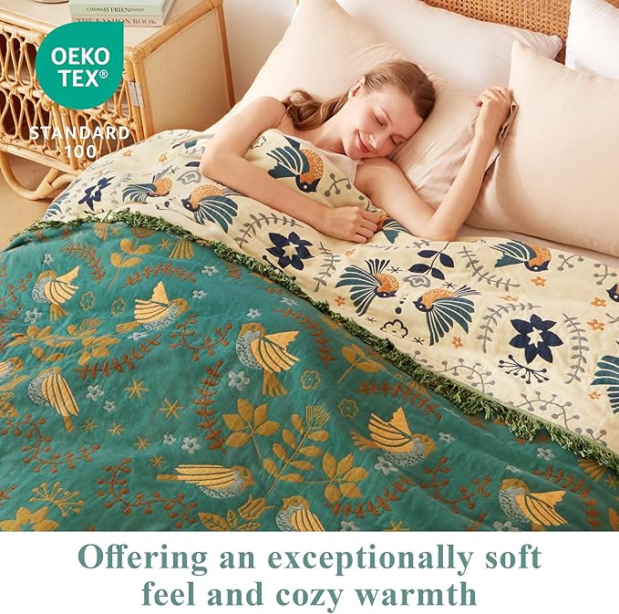 Boho Throw Blanket - 100% Cotton Soft Throw Blanket for Bed, 50"x60" Reversible Breathable Lightweight Spring Blankets, All Seasons Farmhouse Decor Floral Plant Bird Throw Quilt