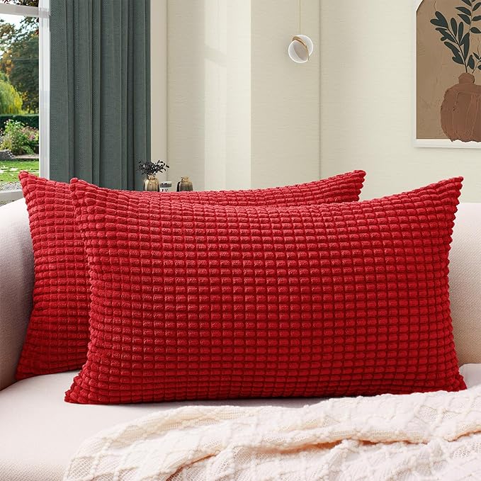 Softalker Throw Pillow Covers 12x20 Inch, Set of 2, Soft Corduroy Boho Stripe Decorative Pillow Cover, Couch Fluffy Pillow Cover for Farmhouse Home Decor Bed Living Room, Red