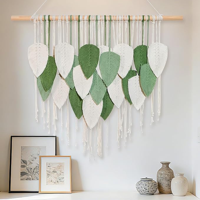 NYEONHRT Large Macrame Wall Hanging Handmade Boho Leaf and Feather Tapestry for Modern Home Decor Perfect Wall Art for Living Room Bedroom Nursery Apartment Backdrop 39x31 Inch (White green)