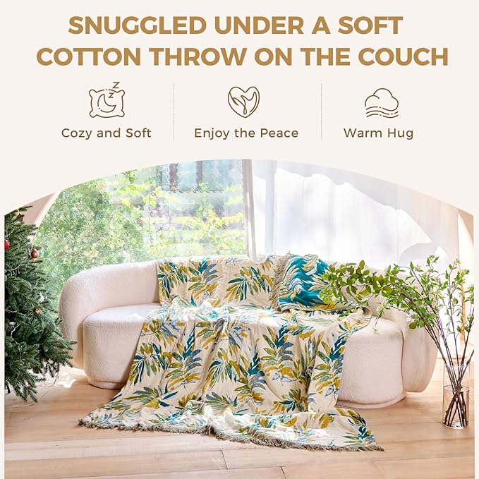 Boho Throw Blanket for Bed Cotton Spring Blankets Twin Size for Bedroom Living Room All Season Lightweight Leaves Embroidery Breathable Quilt for Couch Sofa Chair 60"x80" Home Decor