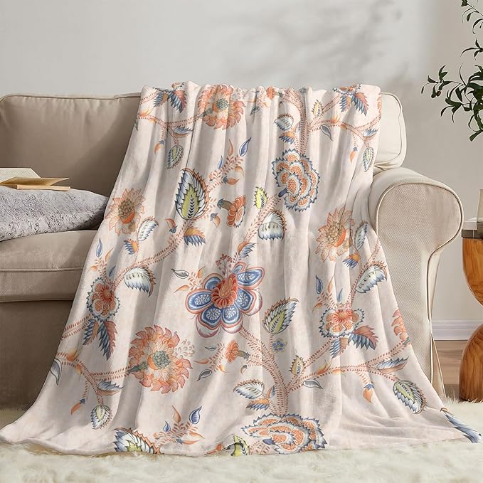 Boho Floral Throw Blanket, Bohemian Soft Cozy and Warm Couch Blankets Gift for Flower Lover, Decorative Blankets for Sofa Couch Bed, White Yellow 50×60 inches