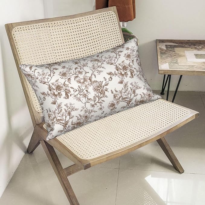 Brown Pillow Covers 12x20 Inch Set of 2 Chinoiserie Floral Throw Pillows Vintage Rustic Toile Flower Decorative Pillow Cases Outdoor Chinoiserie Decor Lumbar Cushion Case for Couch Sofa Bed