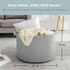 Extra Large Grey Storage Basket, 22" X 22" X 14" XXXL Blanket Basket for Living Room, Gray Wicker Woven Cotton Rope Baskets for Storage, Kids Toy Baskets Bins, Decorative Pillow Towel Basket
