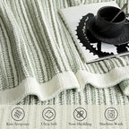 Amélie Home Striped Knit Throw Blanket for Couch, Dual-Sided Soft Chenille Decorative Blankets for Sofa & Chair, 50"x60", Sage Green & White