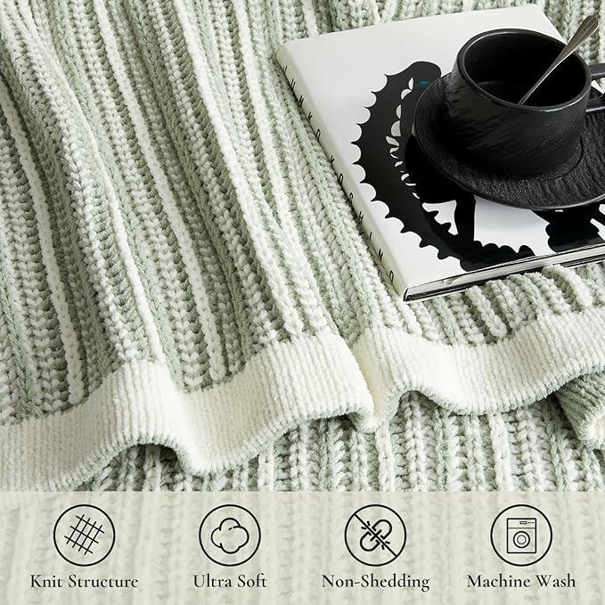 Amélie Home Striped Knit Throw Blanket for Couch, Dual-Sided Soft Chenille Decorative Blankets for Sofa & Chair, 50"x60", Sage Green & White