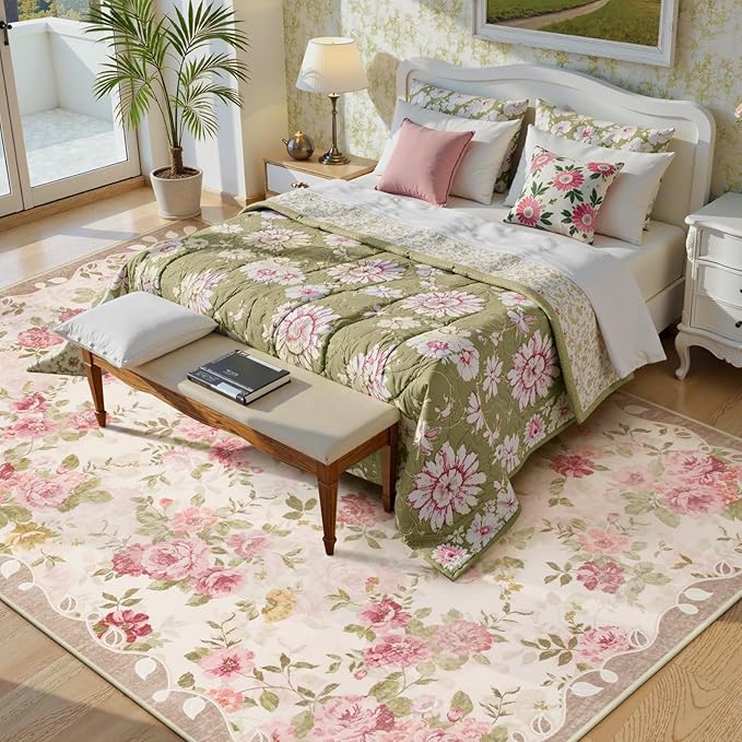 Lahome Floral Washable Rugs 9x12, Large Area Rugs 9x12 Living Room,Soft Non-Slip Thin Vintage Boho Bedroom Carpet for Dining Room Playroom Nursery Farmhouse, Nina Beige/Pink/Multi