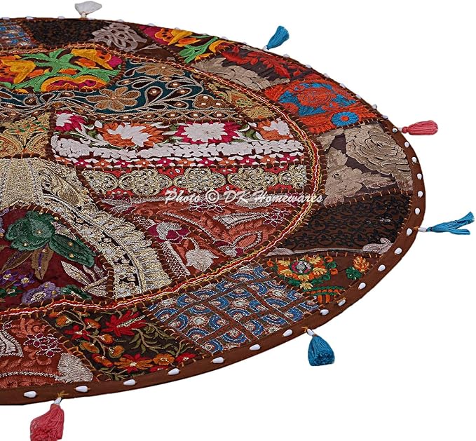 Round Ethnic Floor Cushions for Kids Dark Brown 32 Inch Patchwork Yoga Ottoman Stool Home Decor Embroidered Vintage Cotton Indian Floor Pillow Bed 32x32