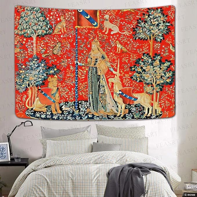 FEASRT European Royal Tapestry Medieval Princess Tapestry, 60x40 Inches Soft Flannelette, Lady and Unicorn for Living Room Bedroom Dorm Decor