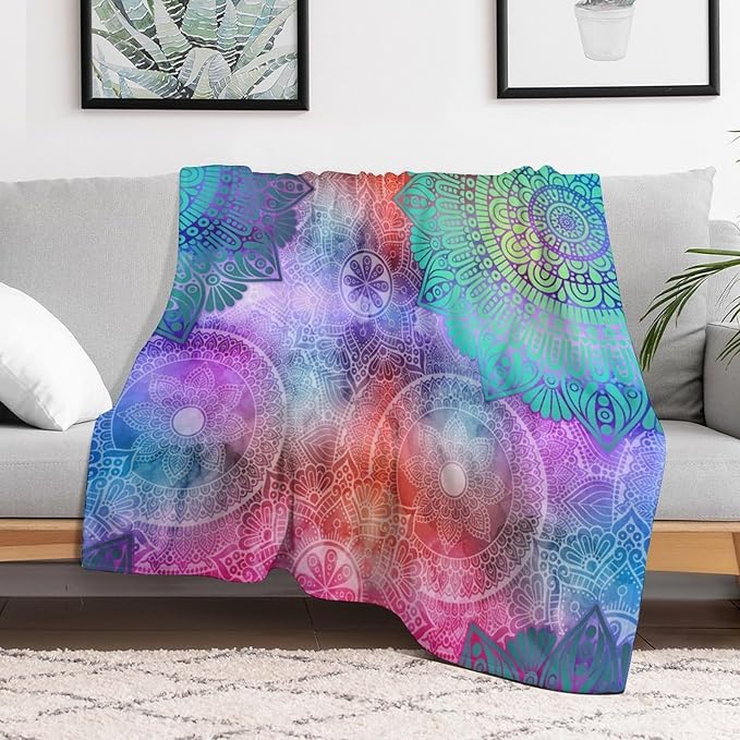 Mandala Throw Blanket Colorful Floral Flowers Bohemian Boho Blanket for Sofa Bed Couch Chair Or Dorm 60"x80"
