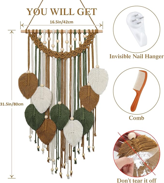 Weldomcor Macrame Wall Hanging Boho Leaf Woven Tapestry, Bohemian Chic Home Decor Modern Handmade Leaves Feather Wall Art Decorations for Bedroom Living Room Apartment Ornament 16.5" W X 31.5" L