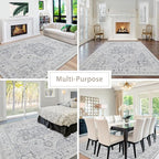 Area Rug 8x10 Washable Area Rugs for Living Room- Ultra Soft Non-Shedding Faux Wool Bedroom Rug Large Grey Vintage Print Rugs with Non Slip Rubber- Indoor Retro Foldable Carpet for Dining Room