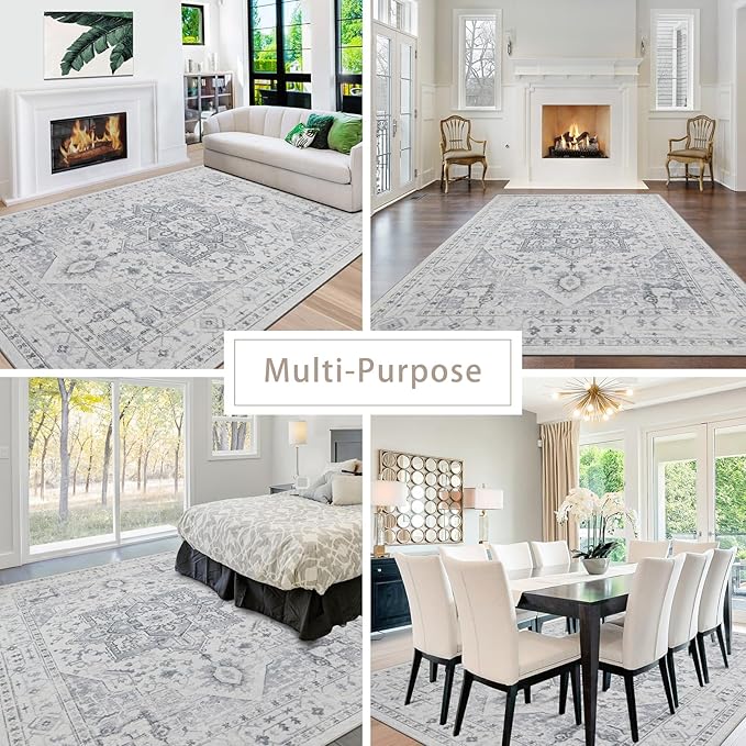 Area Rug 8x10 Washable Area Rugs for Living Room- Ultra Soft Non-Shedding Faux Wool Bedroom Rug Large Grey Vintage Print Rugs with Non Slip Rubber- Indoor Retro Foldable Carpet for Dining Room