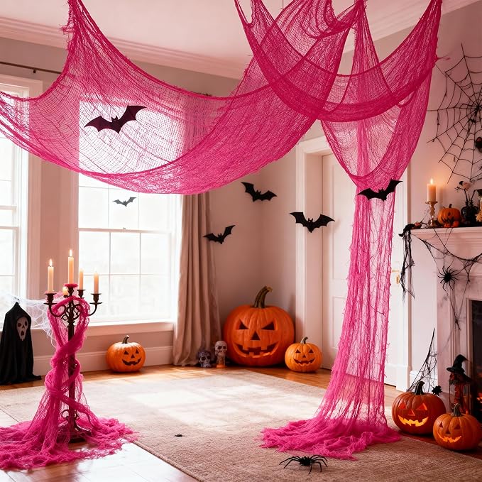 Set of 5 Pink Halloween Gauze Decor, Indoor Outdoor Pink Gauze Tapestry Decor, Halloween Spooky Decorations for Home Table Wall Yard Haunted House Party Supplies, 72 x 30 inch