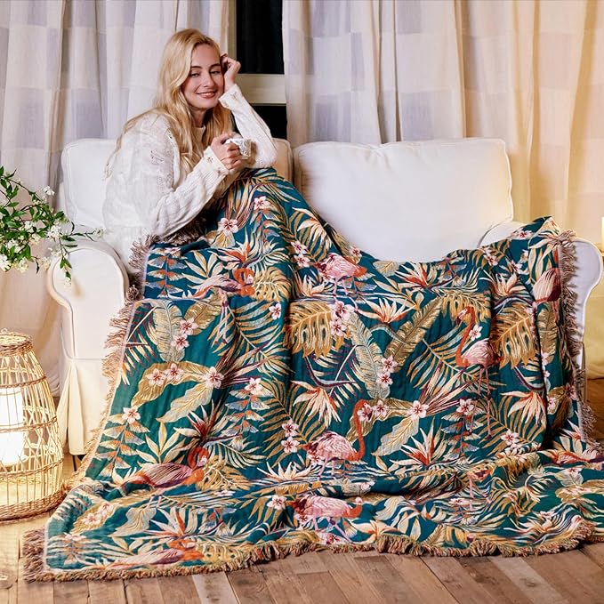 Boho Throw Blanket for Couch Sofa Chair Cotton Spring Blankets for Bedroom Living Room All Season Lightweight Reversable Forest Embroidery Throws 50"x60"