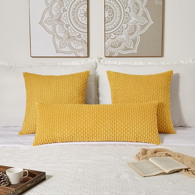 Kevin Textile 20x54 Inch Long Body Lumbar 1 Pack Boho Decorative Throw Pillow Cover Soft Striped Corduroy Rectangle Cushion Case Farmhouse Accent for Living Room Couch Sofa Bed, Mustard Yellow