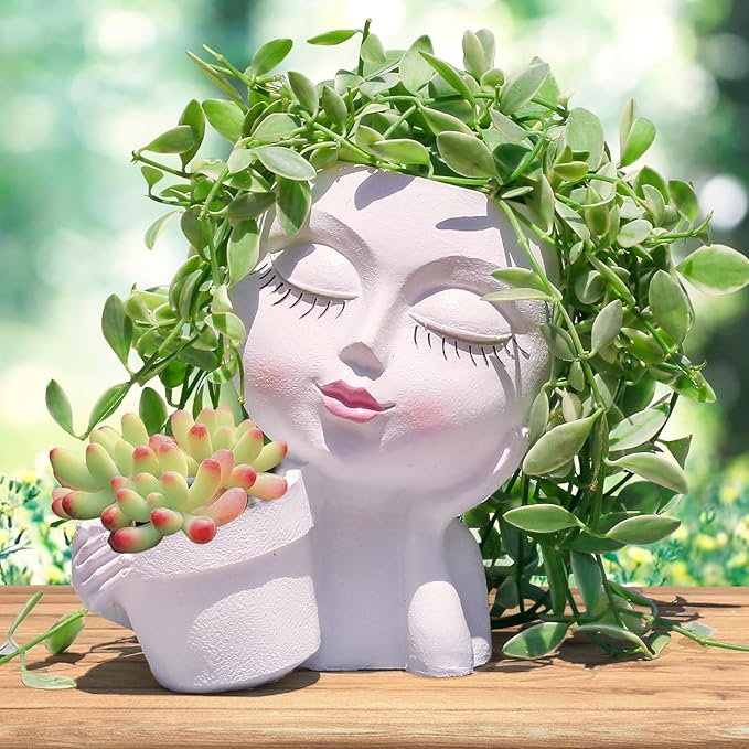 Face Planter Pots Head, Planters for Indoor Plants - Double Cute Plant Pots for Flower & Succulent with Drainage Holes - Ideal Present Ideas (White Lady)
