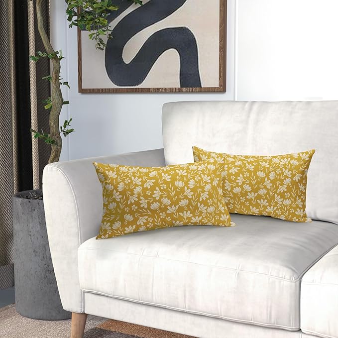 Yellow Pillow Covers 12x20 Set of 2 Vintage Floral Rustic Old Style Cute Flower Print Rectangle Decorative Outdoor Pillowcases Seasonal Farmhouse Throw Cushion Case Couch Sofa Bed Decor