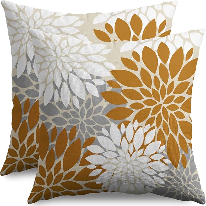 Mustard Yellow White Grey Gray Pillow Covers 20X20 Inch Set of 2, Modern Dahlia Floral Print Decorative Throw Pillow Covers Outdoor Farmhouse Cushion Case for Home Couch Sofa Bed Decoration