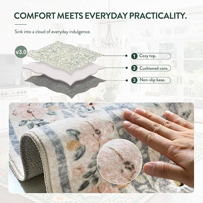 Lahome Sylvie Boho Washable Girls Bedroom 9x12 Rugs, Beige Cream Floral Large Area Rugs for Bedroom, Soft Non-Slip Thin Carpet for Nursery Kids Playroom Dining Room Home, Beige