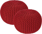 · REDEARTH · Round Pouf Ottoman - Hand Knitted Boho Poof Home Décor Pouffe Circular Footrest for Living Room - Bedroom - Lounge - 100% Cotton (19.5"x19.5"x14") - Red, Set of 2