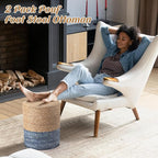Barydat 2 Pcs 15'' Ottoman Pouf Natural Seagrass Braided Poof Hand Weaving Round Ottomans Boho Footrest Stool for Home Living Room Bedroom Patio(Natural and Blue)