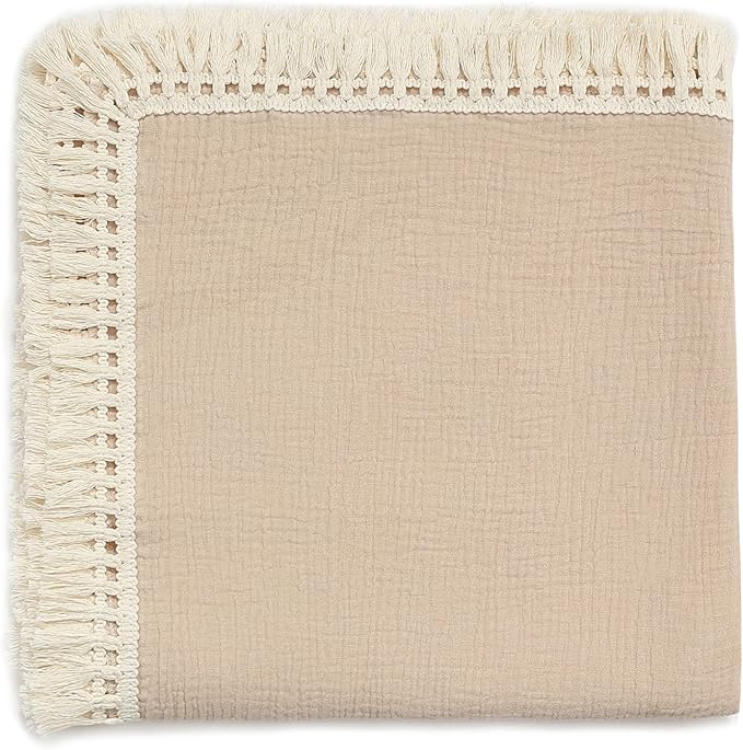 insular Cotton Muslin Baby Blanket with Tassel, Boho Bohemian Muslin Swaddle Blanket Baby Receiving Blanket with Fringe, Nursery Decor Throw or Nursing Blankets, 47" x40”, Khaki