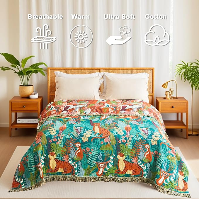 Throw Blanket for Bed Couch Sofa Soft Cotton Twin Spring Blankets for Bedroom Living Room All Season Reversible Forest Animals Embroidery Lightweight Quilt Whimsical Home Decor 60"x80"