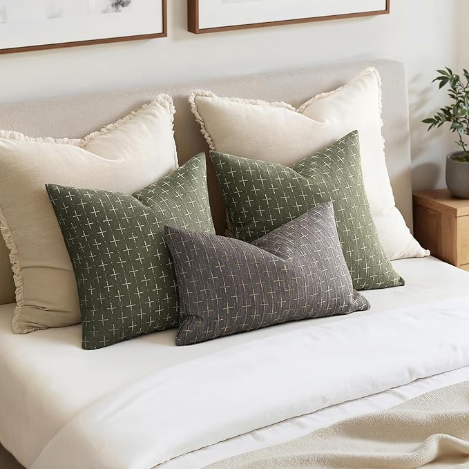 MIULEE Pack of 2 Decorative Burlap Linen Euro Sham Spring Throw Pillow Covers Modern Farmhouse Vintage Pillowcase Rustic Woven Textured Cushion Cover for Sofa Couch Bed 26x26 Inch Olive Green
