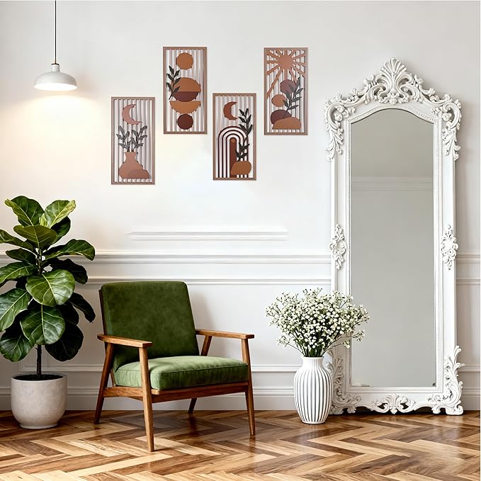 Orange Boho Wall Art Set of 4, Abstract Geometric Wooden Terracotta Wall Decor, Mid-Century Modern Aesthetic Artwork with Arch, Vase & Botanical Design for Modern Home Decor for Bedroom, Office & Living Room(B)