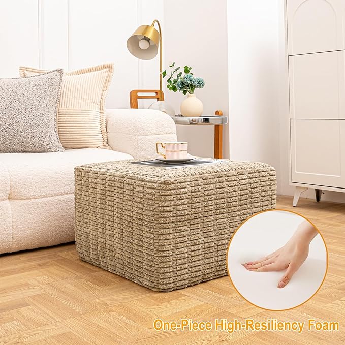 Asuprui Round Square Pouf Ottoman Foot Rest – Lightweight Modern Footstool with Plush Foam Filling, Perfect for Living Room Decor & Cozy Comfort – 20x20x14 Inch Chic Accent Piece (Light Coffee)