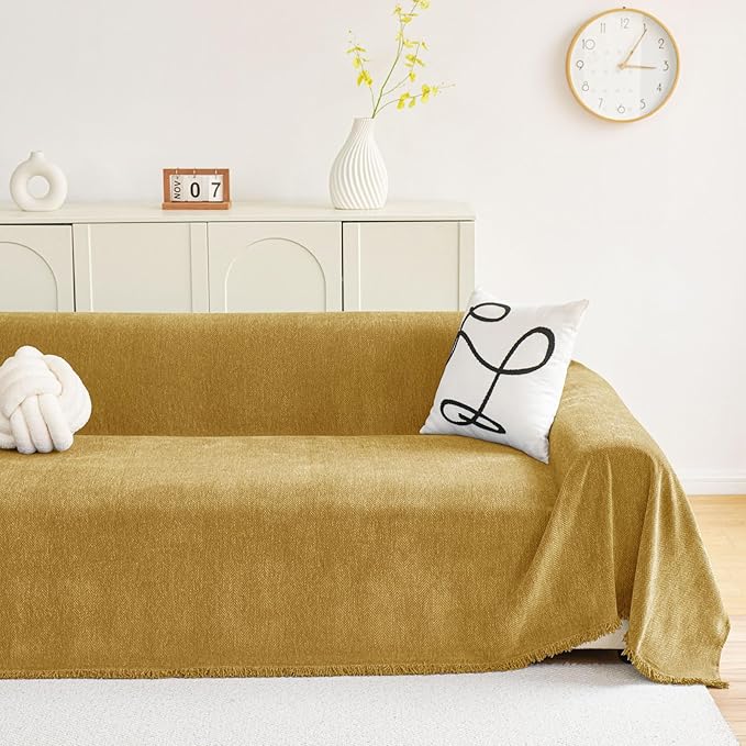 hyha Couch Cover for Dogs, Boho Sofa Covers for 3 Cushion Couch Washable, Chenille Sofa Slipcover for Pets, Soft Loveseat Sectional Couch Throw Blankets with Tassels (Yellow, 71x91 Inch)
