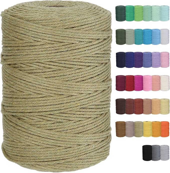Cotton Macrame Cord 3mm 328yards Natural Colored Macrame Supplies, Soft Craft Cotton Rope for Plant Hanger Wall Hanger Dreamcatcher (Dark Khaki)
