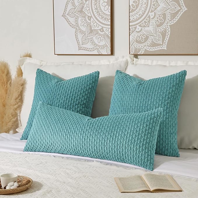 Kevin Textile 14x36 Inch Long Lumbar 1 Pack Boho Decorative Throw Pillow Cover Soft Striped Corduroy Rectangle Cushion Case Farmhouse Solid Color Accent for Living Room Couch Sofa Bed, Aqua Green