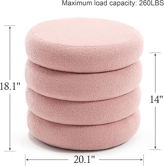 Flouki 20.1" Storage Ottoman Round, Vanity Stools for Bedroom, Entryway Ottoman for Console Table, Ottoman Stool for Girls Women, Foot Stool for Living Room Set of 2, Sherpa Pink