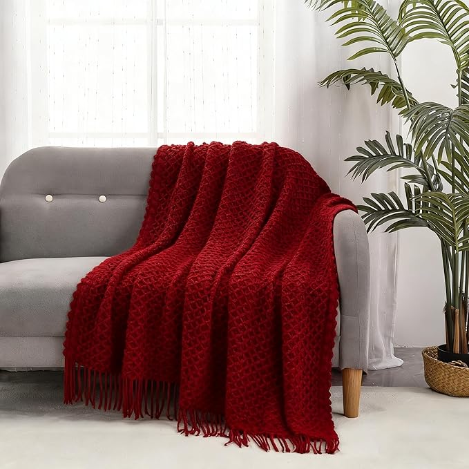 CREVENT Farmhouse Boho Knitted Throw Blanket for Couch Sofa Chair Bed Home Decoration, Soft Warm Cozy Light Weight for Spring Summer Fall (50''X60'' Christmas Red)