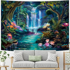 Generleo Forest Waterfall Tapestry Mushroom Flower Tapestries Colorful Floral Plants Tapestry Fantasy Landscape Backdrop Tapestries Wall Hanging for Bedroom Decor