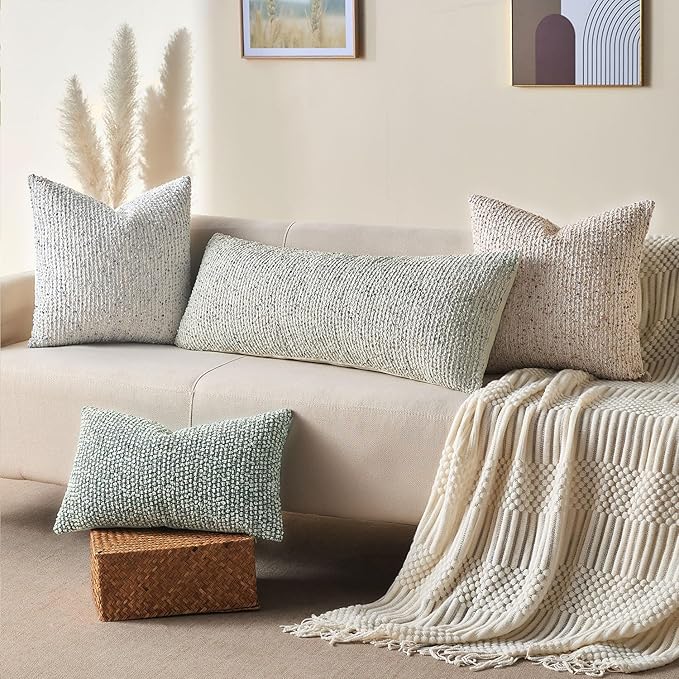 Decorative Lumbar Pillow Cover 14x36 Cream Gray Striped Wool Long Body Pillow Neutral Textured Boho Lumbar Throw Pillow Cushion Covers for Modern Farmhouse Sofa Bed Living Room Decor SY011-B14