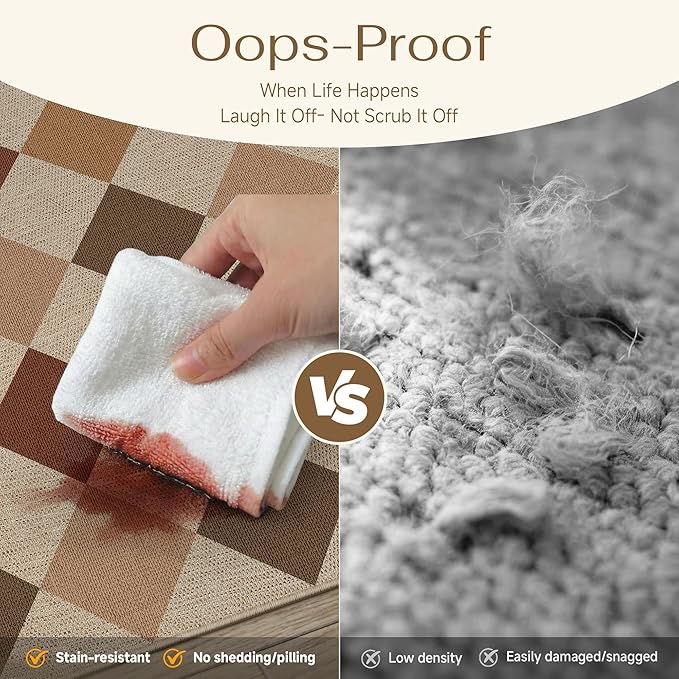 6x9 Checkered Easy Jute Area Rug for Living Room Large Checkerboard Washable Indoor Outdoor Carpet Farmhouse Patio Office Mat Geometric Non Slip Brown-Beige Carpet for Backyard Dining Room
