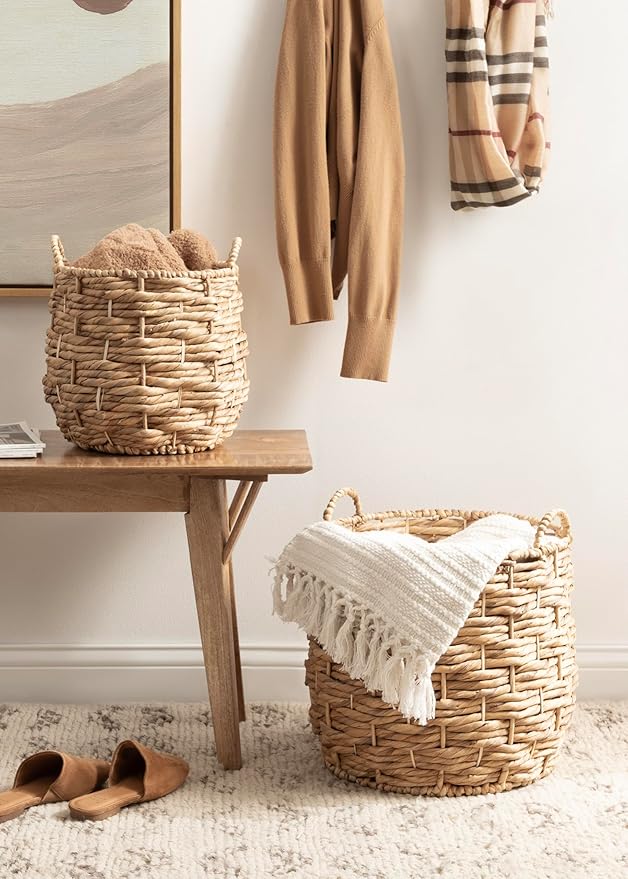 Kate and Laurel Livia Modern Two-Piece Woven Basket Set; 16 x 16 and 13 x 13; Natural Water Hyacinth; Transitional Natural Wicker Baskets for Use as Woven Planters or Living Room Blanket Baskets
