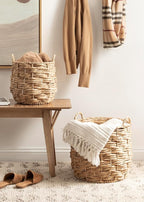 Kate and Laurel Livia Modern Two-Piece Woven Basket Set; 16 x 16 and 13 x 13; Natural Water Hyacinth; Transitional Natural Wicker Baskets for Use as Woven Planters or Living Room Blanket Baskets