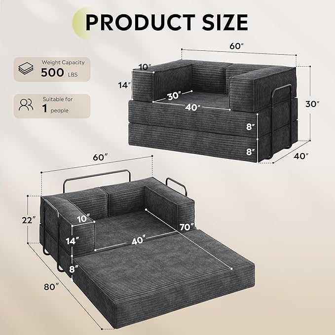 WLIVE 60'' Futon Sofa Bed, Convertible Sleeper Sofa, Folding Pull Out Couch Boneless Mattress with Fixed Frame, Corduroy, with Storage Pocket, Grey