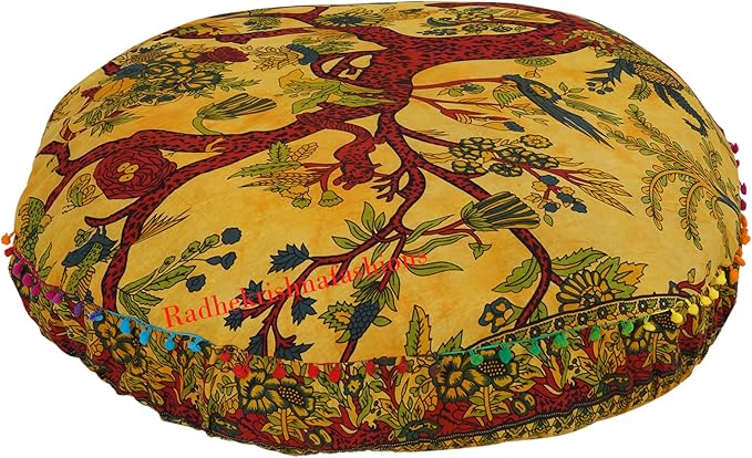 35 X 35 Inch Large Mandala Floor Pillow Cushion Seating Throw Cover Hippie Decorative Bohemian Ottoman Poufs, Multi Pom Pom Pillow Cases,Boho (Yellow T.L, 35X35X6 Round)