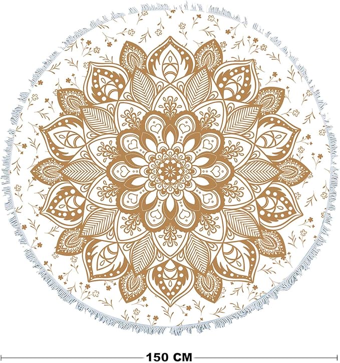 Oversized Round Gold Yellow Mandala Beach Towel Blanket, Microfiber Soft Sand Free Large Water Absorbent Beach Blanket for Women Circle Swim Pool Towel Meditation Table Rug with Tassels 60 inch