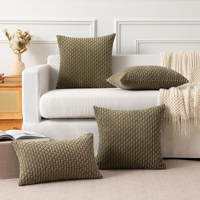 Kevin Textile 12x24 Inch Pillow Cover 1 Pack Boho Decorative Soft Striped Corduroy Lumbar Farmhouse Color Accent Rectangle Cushion Case for Living Room Couch Sofa Bed, Olive Green