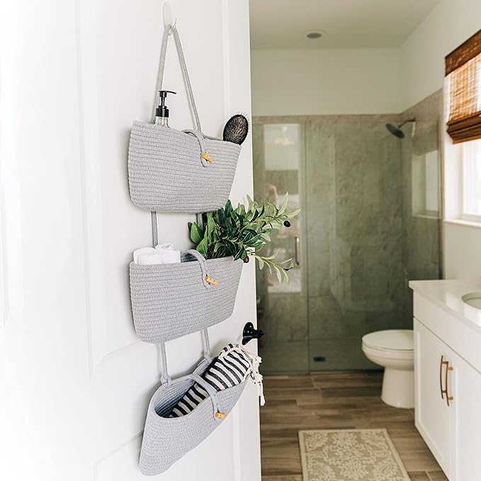 OrganiHaus Grey Wall Hanging Storage Basket | Behind Door Storage | Wall Storage Baskets Over Door | 3 Tier Hanging Basket | Woven Baskets Bathroom Organizer | Wall Hanging Baskets for Organizing