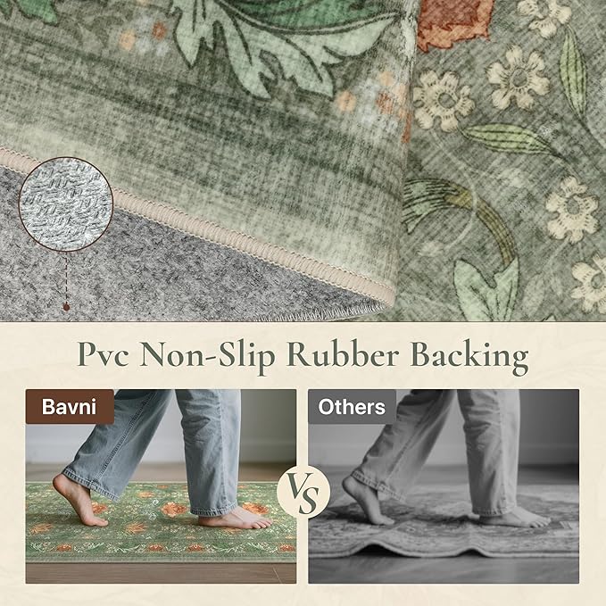 Bavni 2'6''x6 Runner Rug,Microfiber Washable Non-Slip Vintage Floral Rugs,Low Pile Lightweight Carpet for Bedroom,Hallway,Entryway,Kitchen,Bathroom, Bean Green