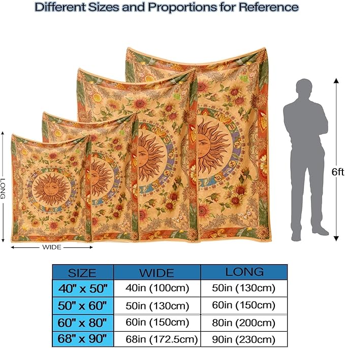 Leeisysme Orange Sun and Moon Fleece Throw Blanket, 70s Vintage Boho Sunflowers Constellation Cozy Decor Nap Blankets for Sofa Bed Couch Chair or Dorm Throws 50×60 inches